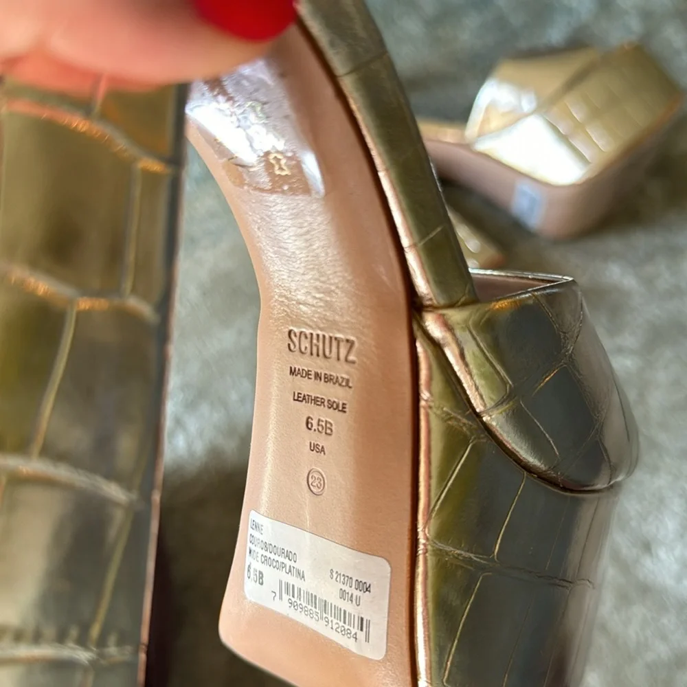 SCHUTZ Metallic Gold Croc-Embossed Platform Sandals